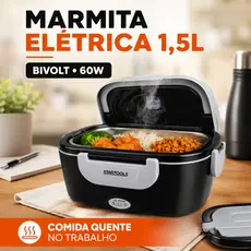 Marmita Elétrica Térmica Bivolt 1,5L 60W Preta Com Colher Marmiteira Portátil Trabalho Viagem