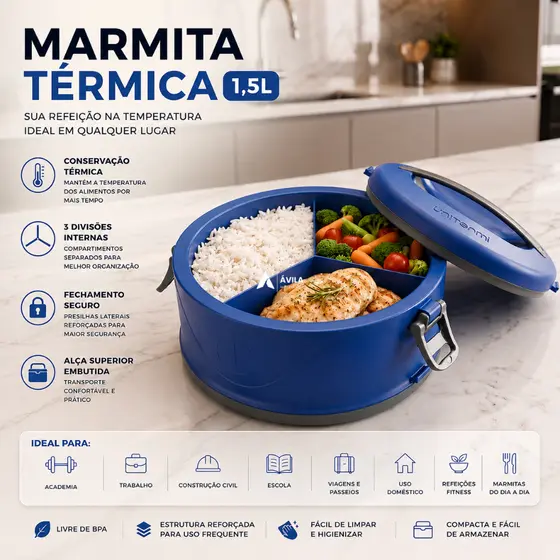 Marmita Térmica Com Divisórias e Alça 1,5 L Fit Pote Almoço Refeição Saudável Dieta Trabalho Academia Unitermi Milão