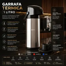 Garrafa Térmica 1 Litro Tampa Pressão Com Alça Café Chá Leite Água Chimarrão Tererê Escritório Cozinha Unitermi Verona