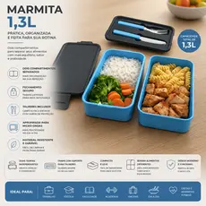 Marmita Térmica Com Talheres e Divisória Dupla 1,3L Pote Fitness Comida Refeição Almoço Dieta Trabalho Academia Unitermi