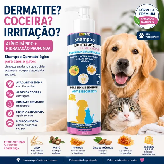 Shampoo Antifúngico Dermapet Clorexidina Combate Alergias E coceiras Cães e Gatos