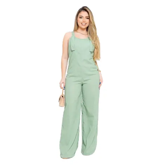 Macacão Feminino Pantalona Wide Leg Linho Botões  Alça com Amarração | Look Minimalista e Elegante | Verão 2025