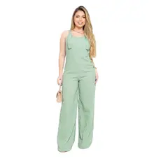 Macacão Feminino Pantalona Wide Leg Linho Botões  Alça com Amarração | Look Minimalista e Elegante | Verão 2025