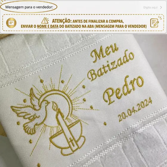 Toalha para batismo batizado personalizada bordada
