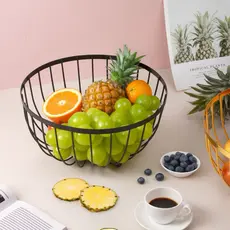 Cesta de Fruta Fruteira de Mesa Rustica de Ferro e Bambu para Café da Manhã Multiuso de Metal Preto