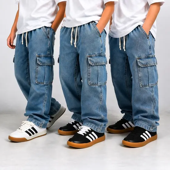 Calça Cargo Street Infantil Skatista Juvenil Jeans Unissex