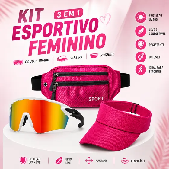 Kit Esportivo Feminino 3 em 1 Óculos UV400 Viseira Pochete Corrida Academia Caminhada Bike Verão