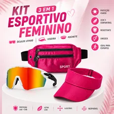 Kit Esportivo Feminino 3 em 1 Óculos UV400 Viseira Pochete Corrida Academia Caminhada Bike Verão