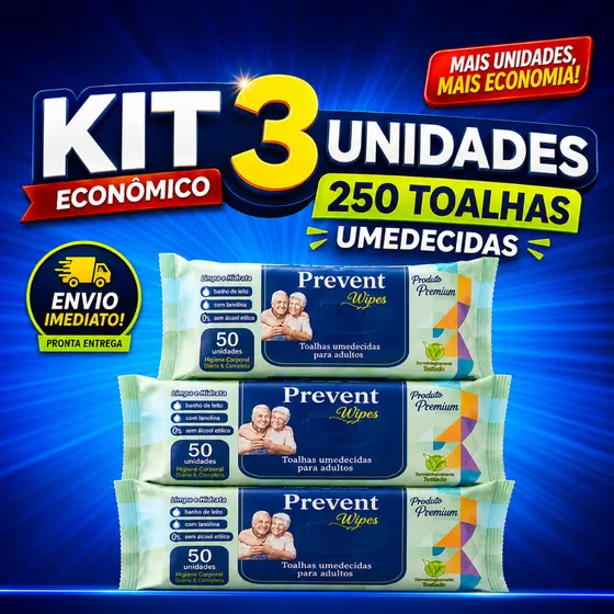 KIT 3 PACOTES LENÇOS UMEDECIDOS ADULTO, HIGIENE INTIMA, BANHO DE LEITO, TOALHAS UMEDECIDAS PREVENT WIPES