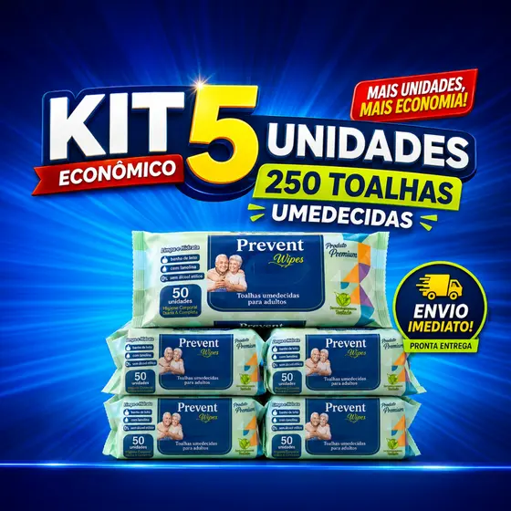 KIT 5 PACOTES DE LENÇOS UMEDECIDOS PARA ADULTOS PREVENT WIPES, HIGIENE INTIMA,  BANHO DE LEITO, GERIÁTRICO