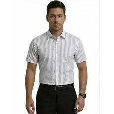Camisa Social Listrada Manga Curta Confortável Tecido Leve Premium