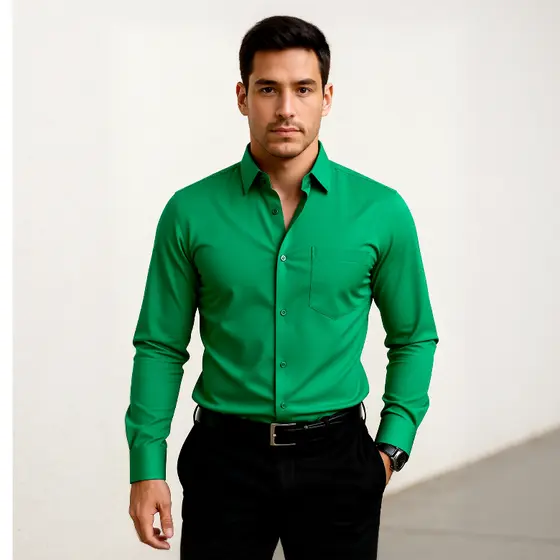 Camisa Masculina de Manga Longa com Bolso Tecido Levemente Elástico, Ideal para Trabalho e Lazer