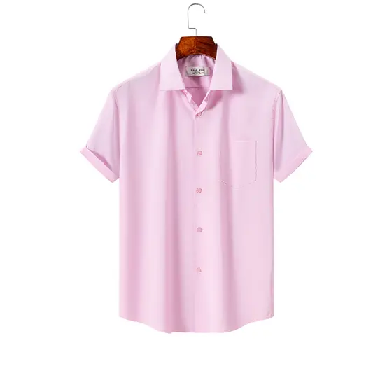 Camisa Masculina Casual Social de Manga Curta Lisa com Bolso em Poliéster Levemente Elástico