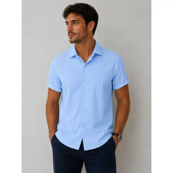 Camisa Masculina Lisa Slim Fit Manga Curta 100% Microfibra,NÃO AMASSA.