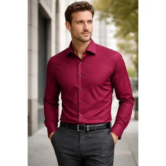Camisa Social Slim Fit Masculina Manga Longa de Negócios Elegante com Estampa Discreta para Escritório e Trabalho