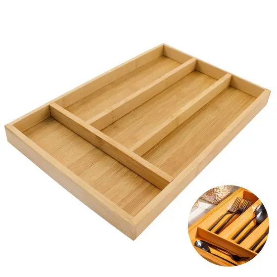 Porta Talheres Bambu 4 Divisórias Organizador Para Gavetas