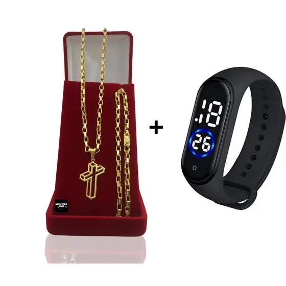 Corrente Masculina Infantil Tijolinho 3mm Banhado Ouro Com Pingente Cruz 3D + Relógio Digital Prova Dagua  Correntinha Infantil