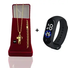 Corrente Masculina Infantil Banhado Ouro 2mm Com Pulseira e Pingente Cruz Face de Cristo + Relógio Digital Prova Dagua Correntinha Masculina Infantil