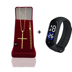 Corrente Masculina Infantil Banhado Ouro 2mm Com Pulseira e Pingente Cruz Palito G + Relógio Digital Prova Dagua