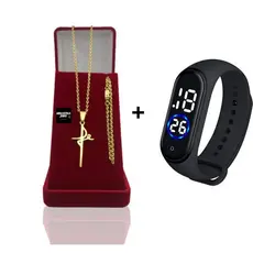 Corrente Masculina Cadeado 2mm banhado a Ouro  + Pulseira  Com Pingente Letra Fé + Relógio De Pulso Digital