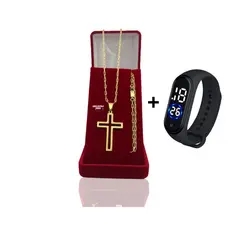 Cordão Masculino Banhado Ouro 2mm com Pulseira e Pingente Cruz Vasada + Relogio Digital Prova Dagua