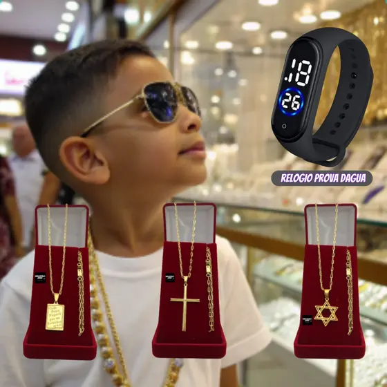 Colar Infantil Menino 3mm Com Pingente Banhado Ouro Com Pulseira + Relógio Digital Prova D'água Unissex
