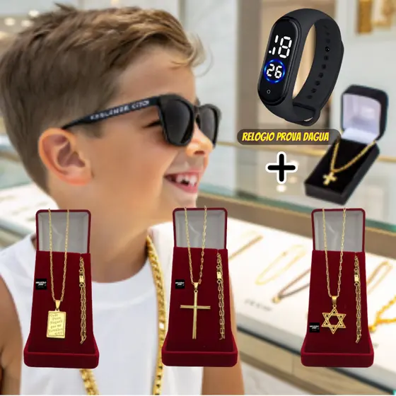 Corrente Masculina Infantil  Cordão Banhado Ouro 2mm Com Pulseira e Pingente + Relógio Digital Led Prova Dagua