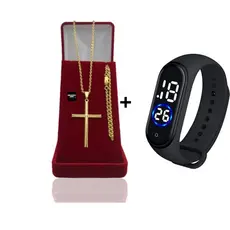 Corrente Masculina Infantil Cadeado Banhado Ouro 2mm  Pulseira e Pingente Cruz Palito +  Relógio Digital Prova Dagua
