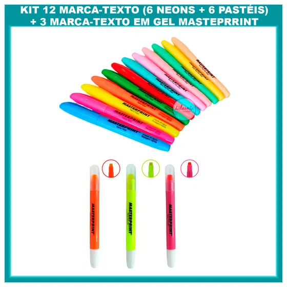 Kit 15 Marca Texto Masterprint | 12 Cores (6 Neon + 6 Pastel) + 3 Marca Texto em Gel para Bíblia