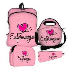 Kit Mochila + Lancheira + Necessaire + Estojo - Enfermagem Rosa