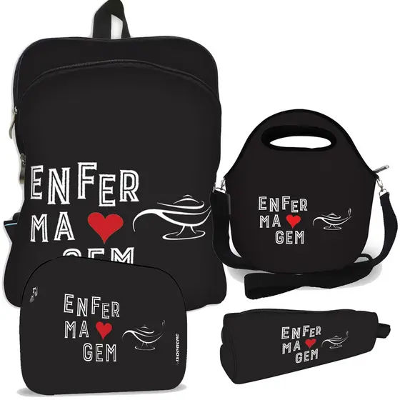 Kit Mochila Lancheira  Necessaire Estojo c/Alça  Enfermagem Black