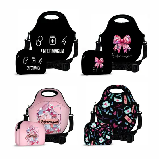 Kit Lancheira e Nécessaire Feminina Térmica Neoprene Bolsa com Alça Lancheira Nécessaire Enfermagem