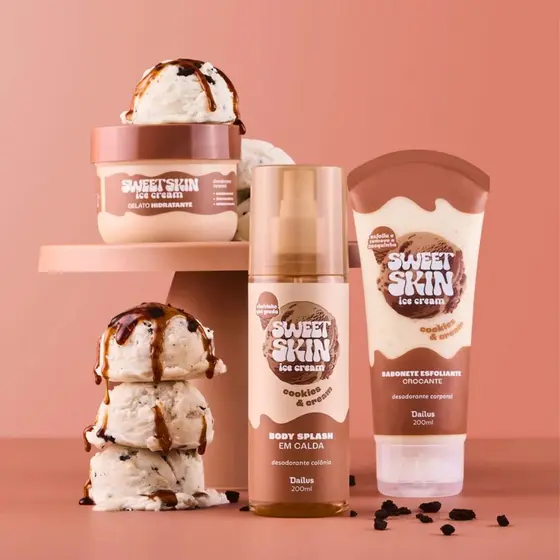 Dailus Sweet Skin Kit Cookie e Cream Sabonete Esfoliante + Creme Hidratante + Body Splash
