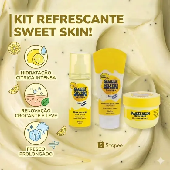Sweet Skin Dailus Torta de Limão Cremoso e Envolvente Body Splash, Creme Hidratante e Esfoliante