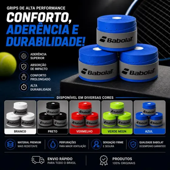 Kit 3 Overgrip Babolat Perfurado Para Raquete Beach Tennis Tênis Padel tennis Rosa azul branco preto verde vermelho roxo