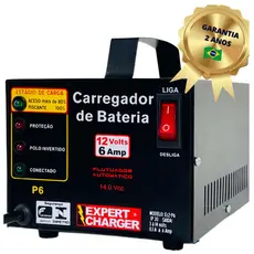 Carregador de Baterias 12V - 6 Amperes para moto, carro + Voltimetro e Plugs