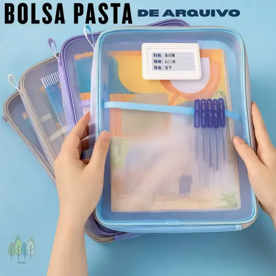 Bolsa Pasta De Arquivo Transparente Multifuncional Com Zíper de Malha Grande Capacidade Portátil