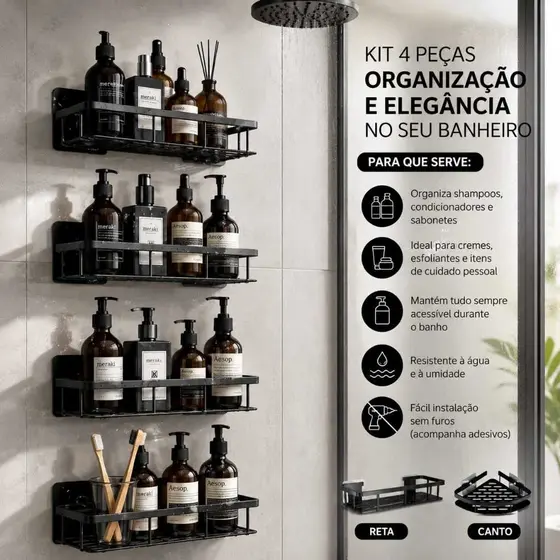 KIT Com 4 Prateleiras Suporte De Banheiro Organizador Alta Qualidade Premium Porta Shampo