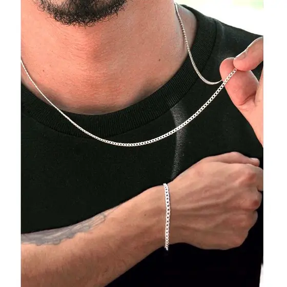 Conjunto De Colar E Pulseira Corrente em Aço Inoxidável Masculina Banhado cor Prata 925 2.5 mm