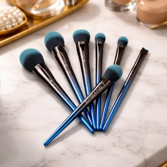 7 Pincéis Maquiagem Base Contorno Iluminador Macio Azul 15un Kit Profissional Cerdas Macias