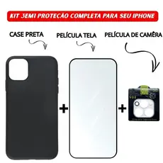 Case Preta com Vidro Temperado 3D e Película Câmera para iPhone 11 12 13 14 15 16 Pro Max