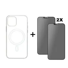 Kit Capa MagSafe + 2 Películas Vidro 3D Privacidade Tela iPhone 11 12 13 14 15 16 Pro Max