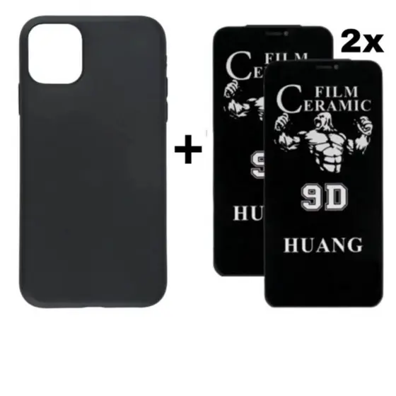 Kit 3 em 1 Case Preta com 2 Películas Cerâmica Privacidade Compatível iPhone 11 12 13 14 15 16 Pro Max SKUWD54