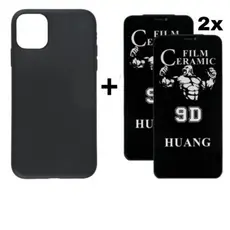 Kit 3 em 1 Case Preta com 2 Películas Cerâmica Privacidade Compatível iPhone 11 12 13 14 15 16 Pro Max SKUWD54
