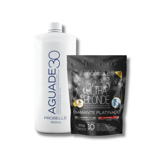kit Pó Descolorante Platinado Ultra Blond 300g + Agua oxigenada cremosa 30 vol 900ml probelle