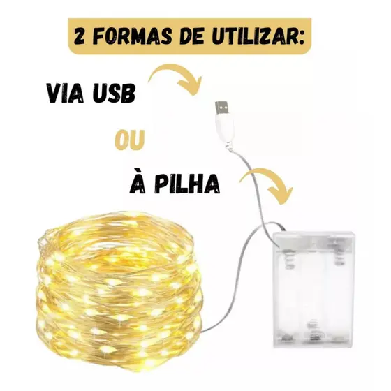 1 Fio Fada Cordão Luz Led 10 metros 100 Leds USB e Pilha - Festa Decoração Enfeite
