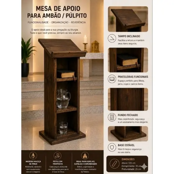 Ambão / Púlpito Litúrgico em Madeira Pinus Escurecido com Prateleiras – Modelo Artesanal Premium para Igrejas e Capelas