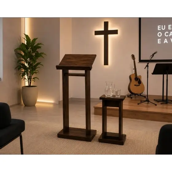 Púlpito + Mesa Auxiliar em Madeira Maciça Pinus | Kit Completo Já Montado | Ideal para Igrejas, Capelas e Cultos
