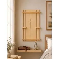 Oratório de Parede em Madeira Pinus com Cruz Rebaixada | Porta Bíblia | Altar Católico Decorativo | Cantinho de Oração