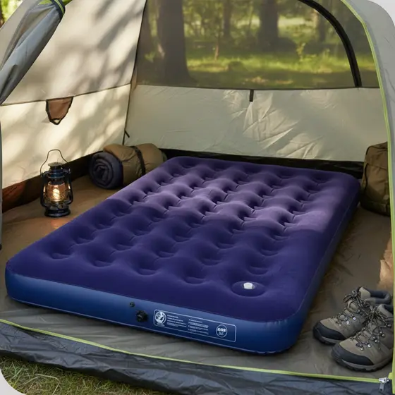 Colchão Inflável Casal Mor Aveludado Azul Inflador de Pé Integrado Camping Casa Visita Hotel